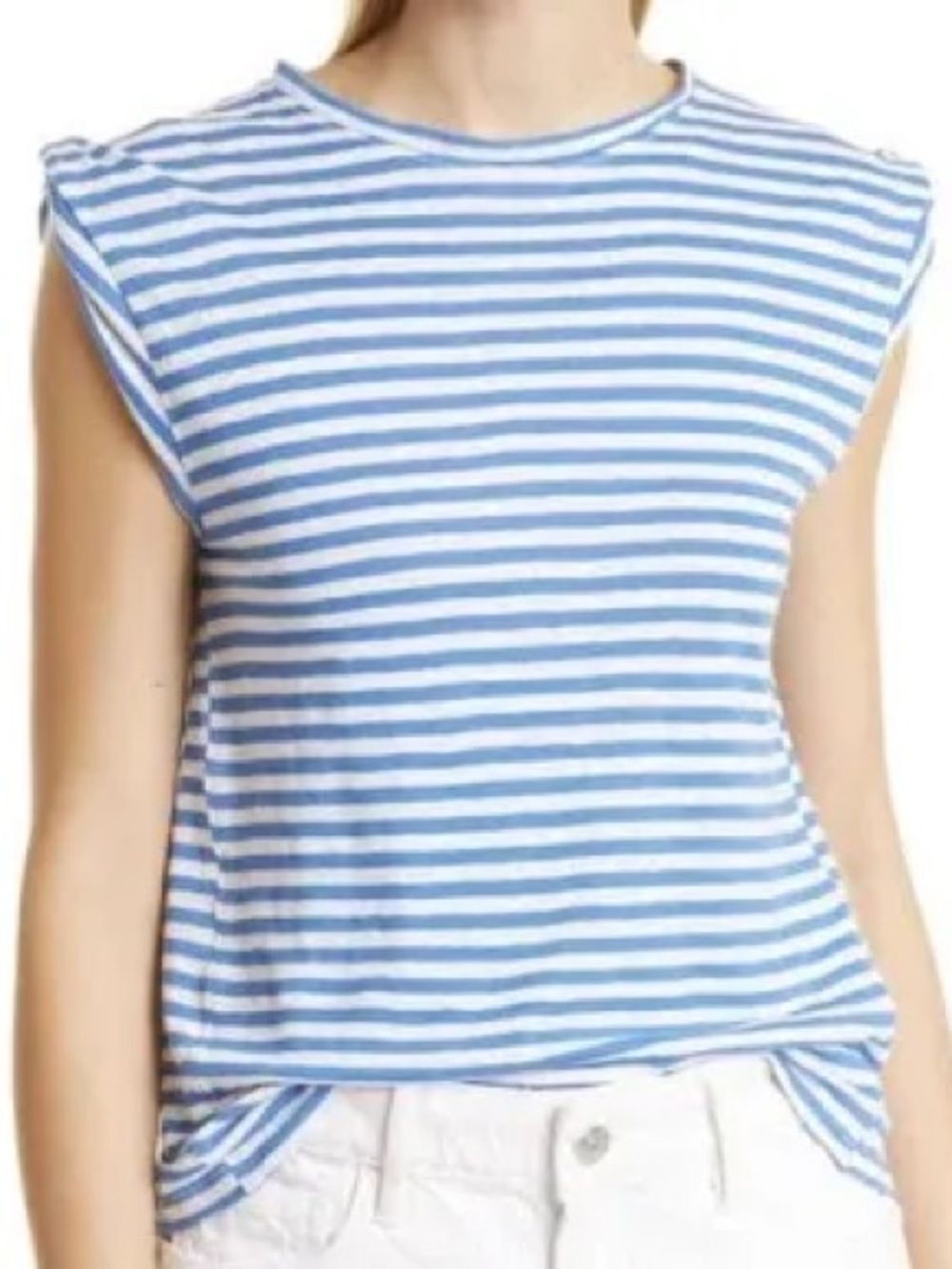 FRAME Organic Linen Muscle Crew Tee Light Chambray Blue Stripe M